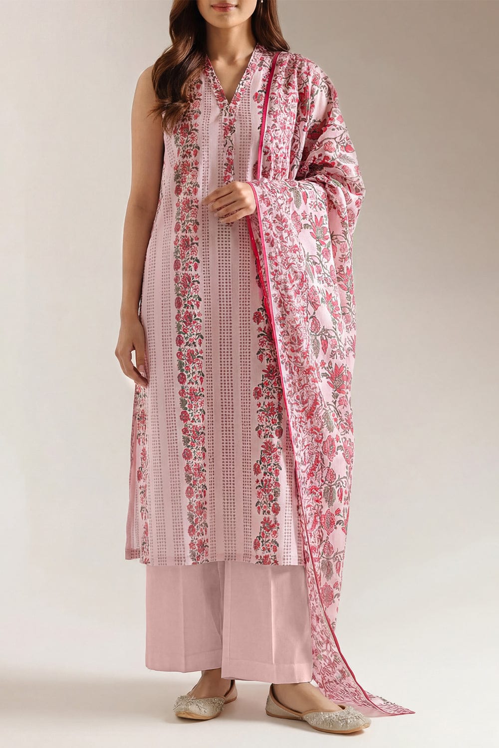 Unstitched Printed Self Strip Lawn 3 Piece